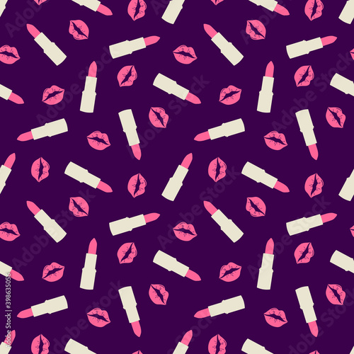 .Glamorous pattern with pink kisses and lipstick seamless pattern. Cosmetic seamless pattern. Vector illustration