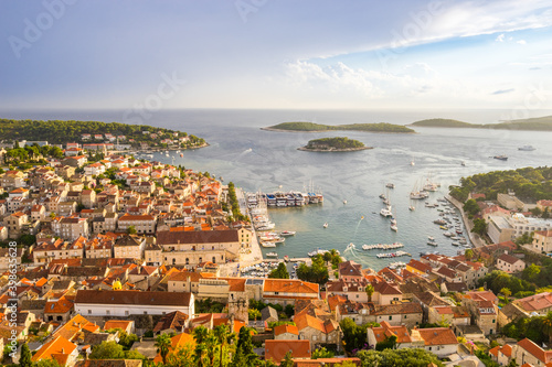 Hvar island aerial view with afternoon light