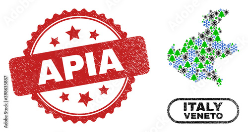 Vector Covid-2019 New Year mosaic Veneto region map and Apia scratched stamp seal. Apia stamp uses rosette shape and red color. Mosaic Veneto region map is done of random covid- 2019 virus, snowflake,
