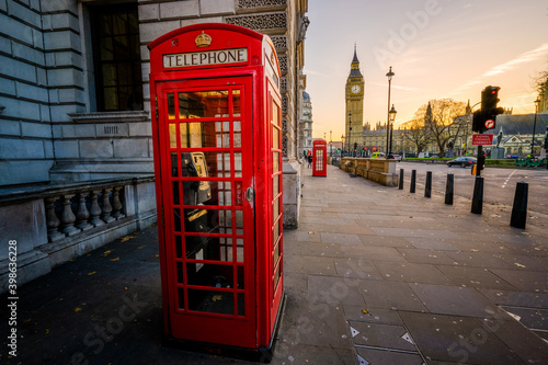 Photography Red telephone box and Big Ben at sunrise in London
