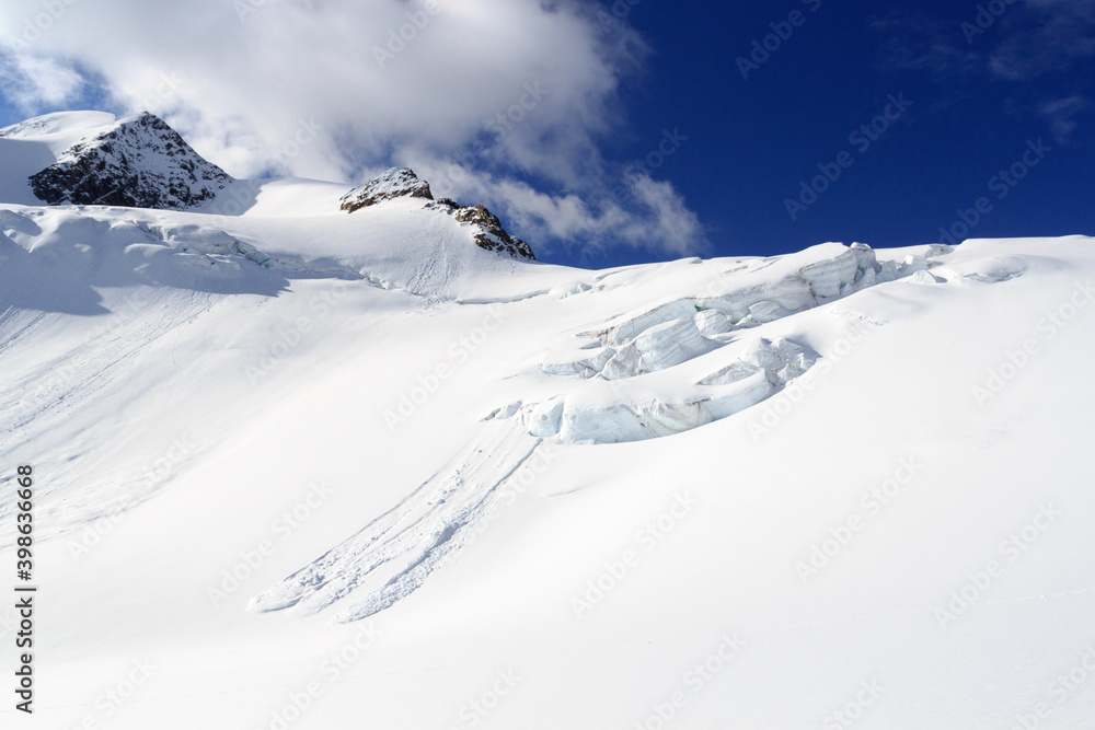 Mountain snow panorama on glacier Taschachferner with avalanches in Tyrol Alps, Austria