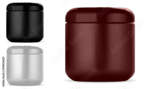 Cosmetic cream jar. Round plastic beauty container mockup for creme or lotion, isolated on white. Glossy packaging for makeup, face butter. Cream jar set, bath product template for logo and cover