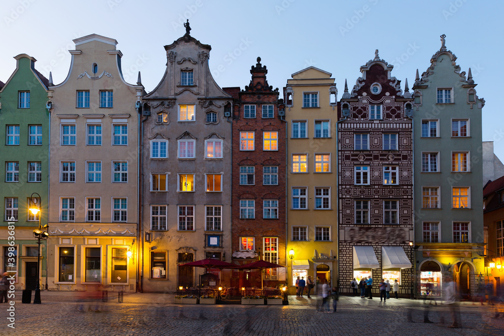 Night view of lighted streets of Polish town of Gdansk