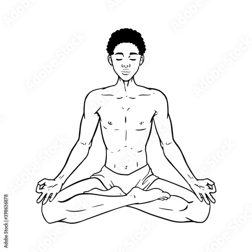 Young meditating yogi man in lotus pose isolated on white. Beautiful black African American boy. Vector illustration