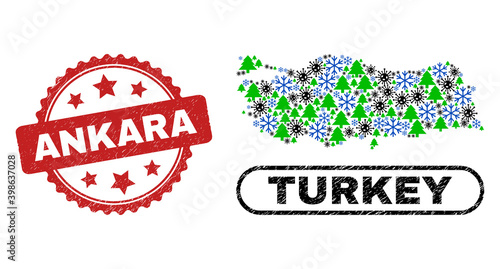 Vector pandemic New Year collage Turkey map and Ankara dirty stamp seal. Ankara stamp uses rosette shape and red color. Collage Turkey map is constructed of scattered infection, snowflake,