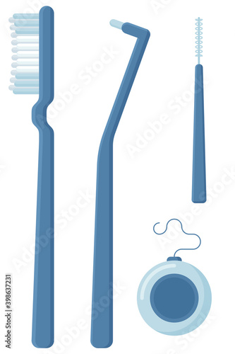 tools for cleaning teeth after installing braces system. Vector illustration