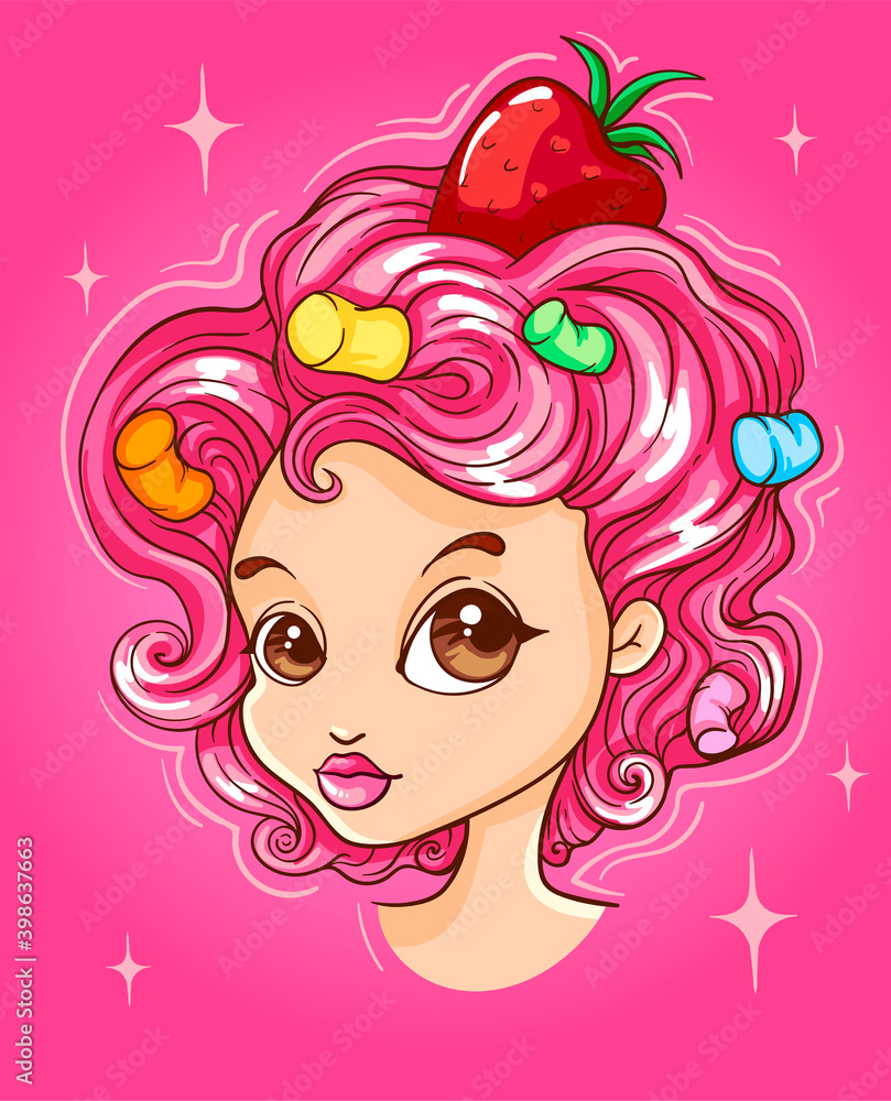 Hairstyle of whipped cream. Portrait of a cute girl. Vector illustration. Hairstyle of whipped cream. Portrait of a cute girl. Vector illustration.