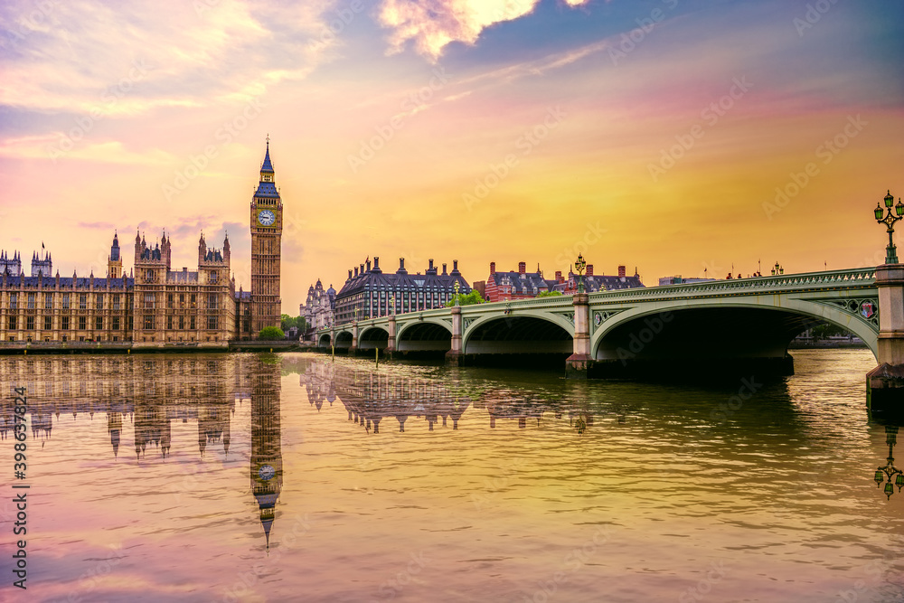 Elizabeth tower known as Big Ben clock at sunset with reflection