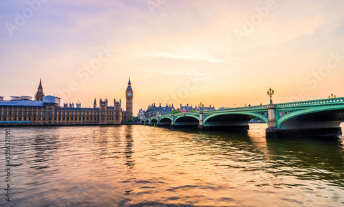 Big Ben and Westminster bridge at sunset in London