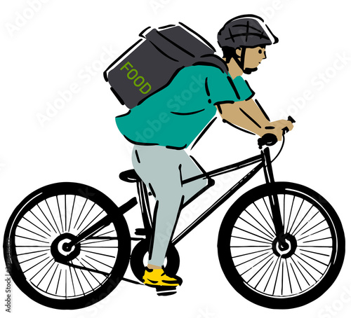 自転車に乗ったフードデリバリー配達員のカジュアルな線画イラストLine art illustration of a food delivery courier riding a bicycle