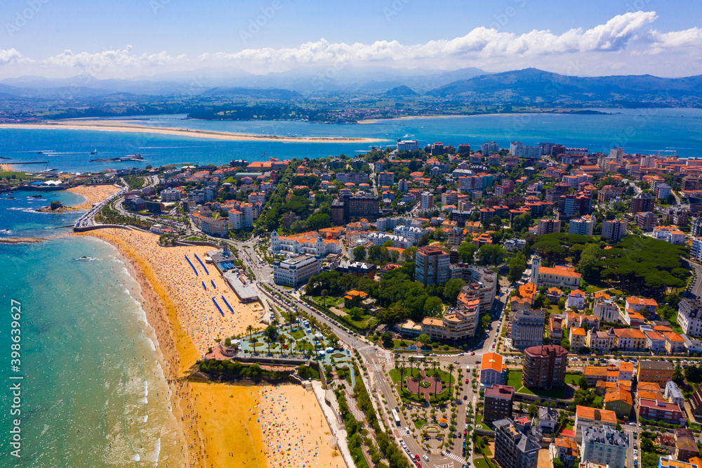 Panoramic aerial view of coast line and beach at Santander with apartment buildings, Cantabria, Spain