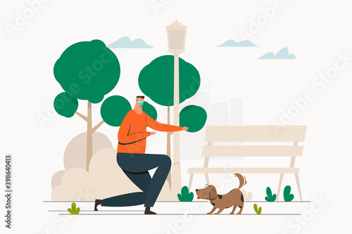 Men playing with the dog in the park. Outdoor activity during new normal and wearing mask. Flat vector illustration character © Visuel