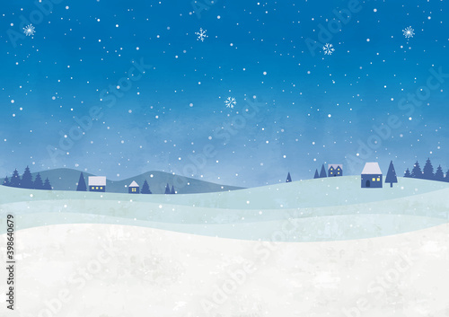 夜の雪の街水彩