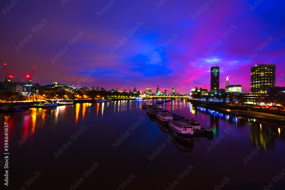 London skyline panorama near the south bank of river Thames. England