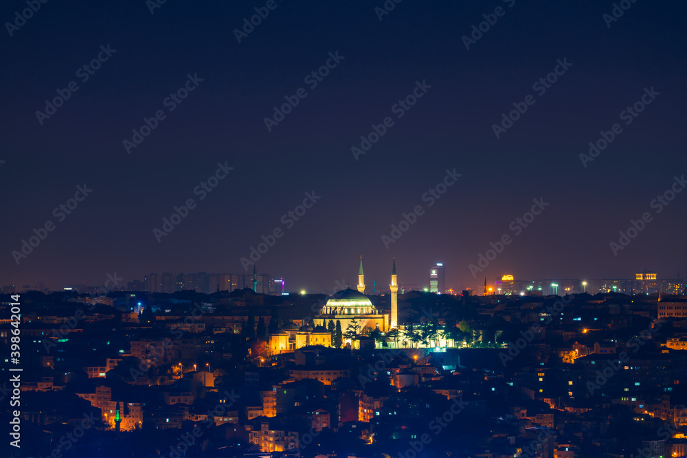 Faith Camii mosque viewed at night. Istanbul. Turkey