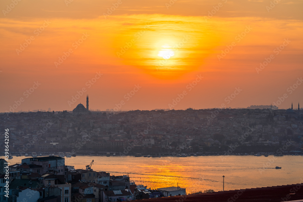 Istanbul city skyline with Suleymaniye Mosque viewed at sunset. Turkey