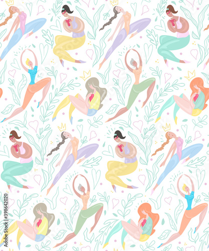 Seamless pattern of happy various sports girl jumping, exercises on plants and hearts background. Body positivity, confidence and self acceptance. Feminism and eco lifystile. Delicate vector texture