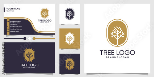 Tree logo with fresh concept and business card design Premium Vector