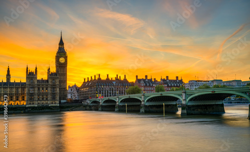 Big Ben world famous clock at sunset in London. England