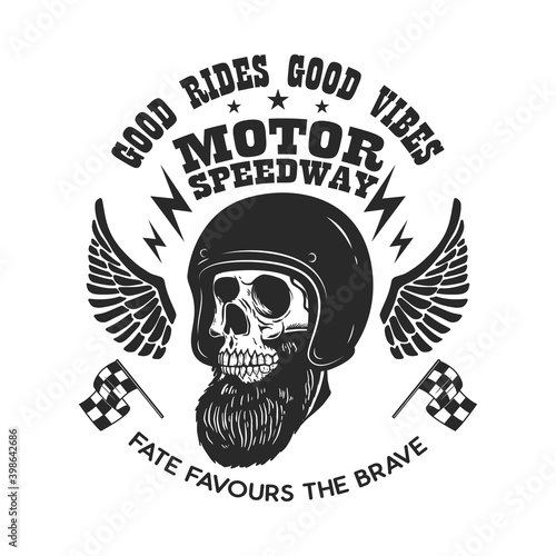 Bearded skull in racer helmet with wings. Design element for logo, label, sign, emblem, poster, t shirt. Vector illustration