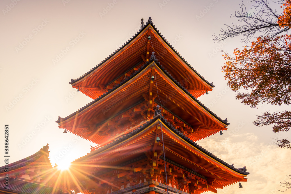 Kiyomizu-dera Temple with sun flare, Kyoto, Japan