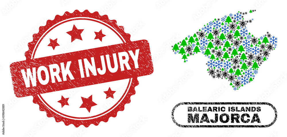 Vector Covid-2019 Christmas mosaic Majorca map and Work Injury corroded stamp seal. Work Injury stamp seal uses rosette shape and red color. Vector Covid-2019 Christmas mosaic Majorca map and Work Injury corroded stamp seal. Work Injury stamp seal uses rosette shape and red color.