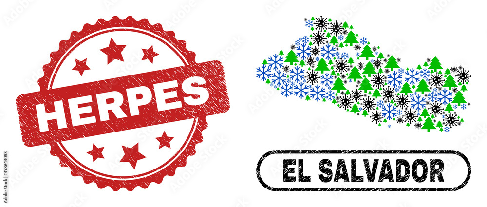 Vector Covid-2019 New Year mosaic El Salvador map and Herpes dirty stamp seal. Herpes seal uses rosette shape and red color. Mosaic El Salvador map is made with randomized Covid, snow flake, Vector Covid-2019 New Year mosaic El Salvador map and Herpes dirty stamp seal. Herpes seal uses rosette shape and red color. Mosaic El Salvador map is made with randomized Covid, snow flake,