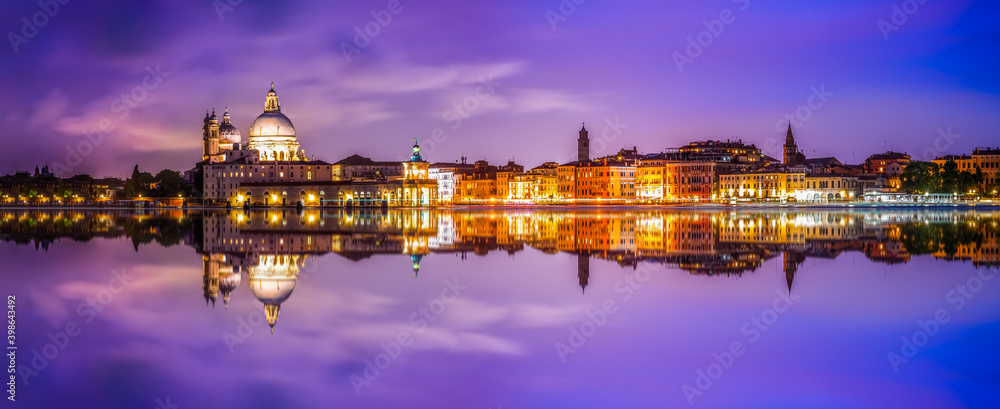 Beautiful panorama of Venice with reflection at night. Italy 