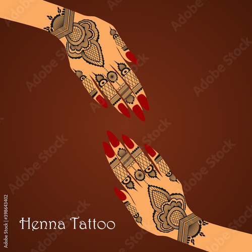 Element yoga mudra hands with henna art. Vector illustration for a yoga studio, tattoo, spas, postcards, souvenirs. Indian traditional lifestyle.