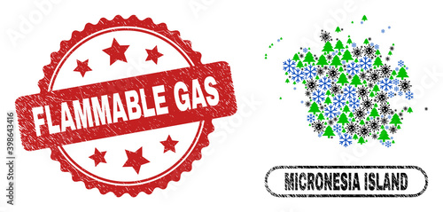 Vector Covid-2019 New Year mosaic Micronesia island map and Flammable Gas dirty seal. Flammable Gas seal uses rosette shape and red color.