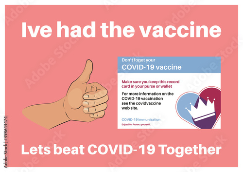 Ive had the vaccine thumbs up with COVID-19 vaccination record card vector illustration on a colourful background