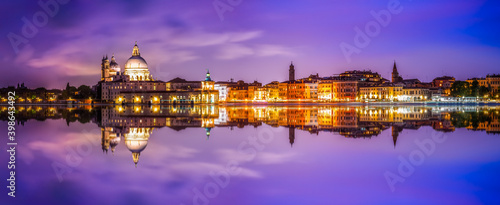 Beautiful panorama of Venice with reflection at night. Italy 