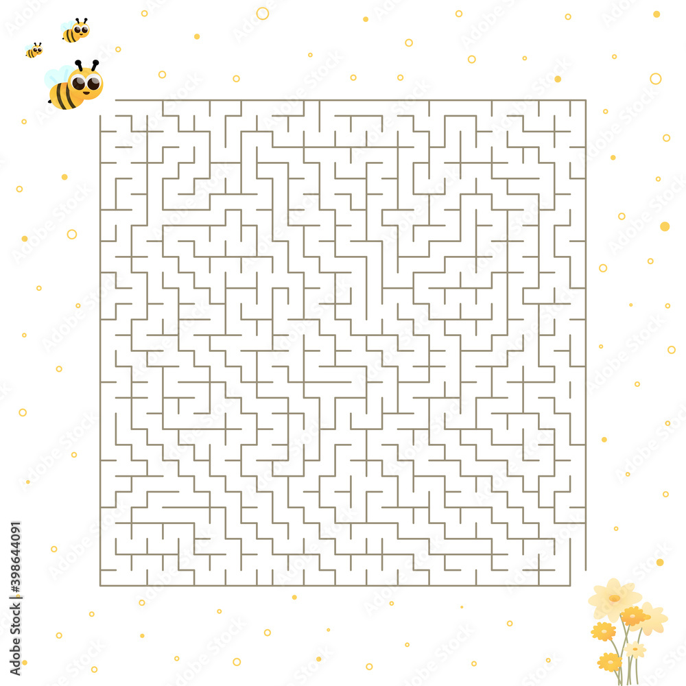Obraz premium Children riddle with cute bee character and flowers, help to find right way, maze or labyrinth for books in cartoon style on light background