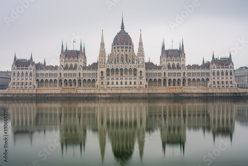 Budapest parliament with reflection on cloudy day. Hungary