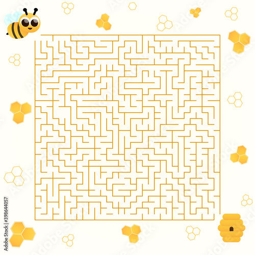 Labyrinth for children books with cute cartoon character bee, help to find right way to hive, honey theme, riddle for school kids