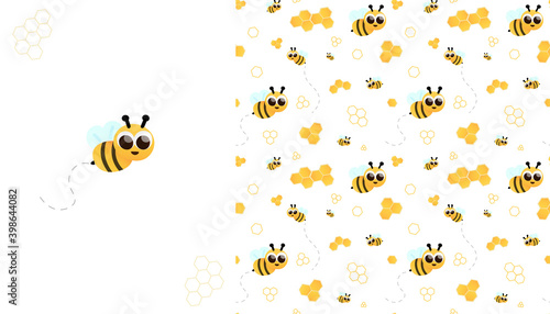Cute bee cartoon character with honeycombs on greeting card for baby shower and seamless pattern for print or fabric, childish yellow motif