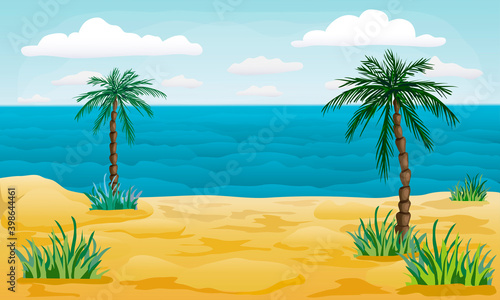 summer beach background. tropical sea and sandy shore with palms. cartoon style illustration of seaside at sunset, waves, clouds and coconut trees. poster or flyer template for summer vacation. © Elena