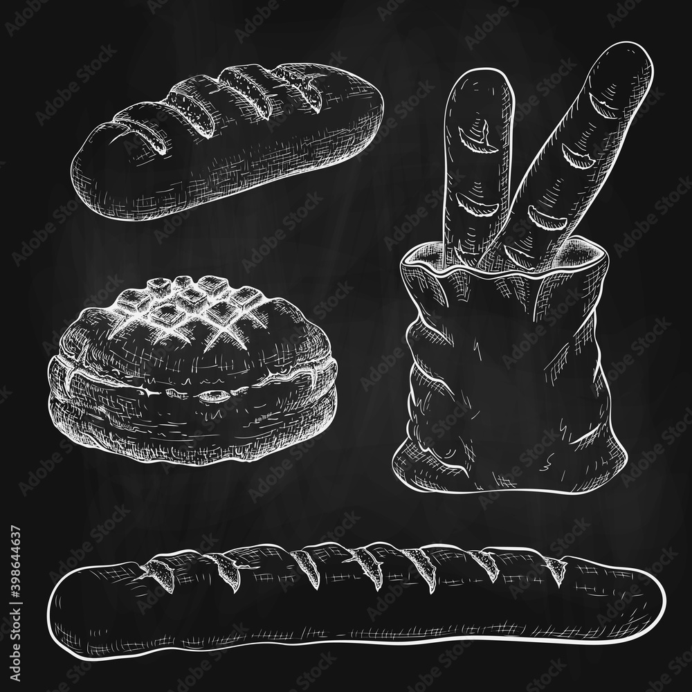 chalk drawn breads sketch isolated on blackboard. chalky illustration of  variety bread like french baguette, round rustic bread, wheat long loaf on  chalkboard. doodle icons of bakery goods. Illustration Stock | Adobe