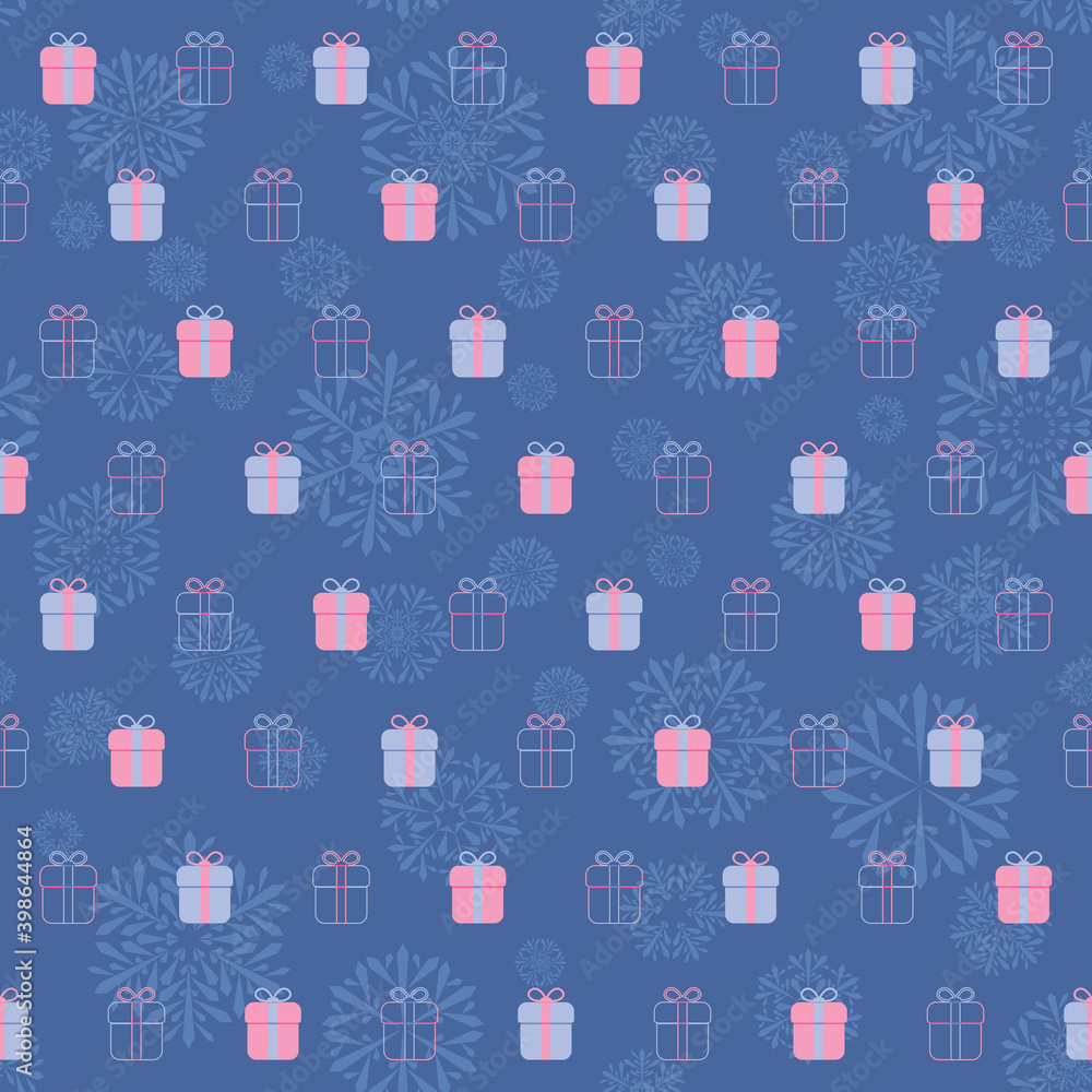 Fototapeta premium pink and blue holiday gifts on winter repetitive background with snowflakes. vector seamless pattern. fabric swatch. wrapping paper. continuous print. design element for greeting card; banner; flyer