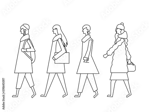 歩行者 若い女性 冬服 横向き 線画