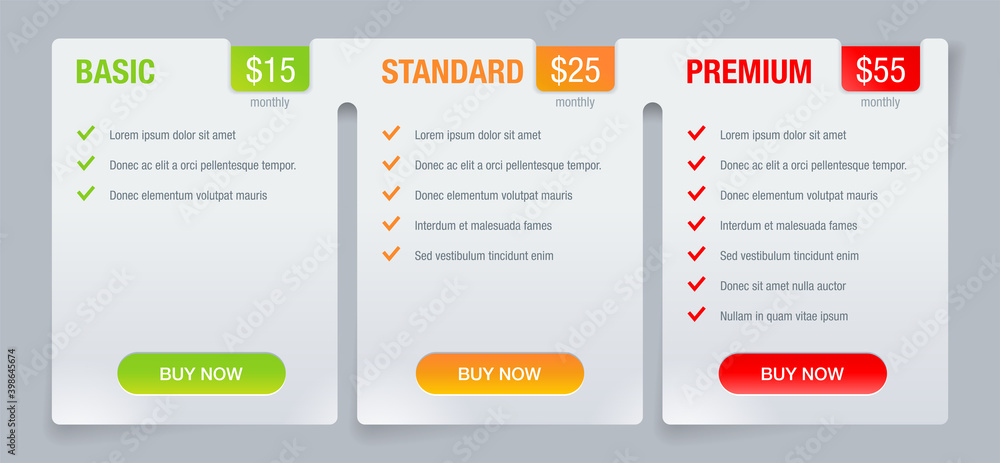 Fototapeta premium Tariff comparsion table block web chart template 