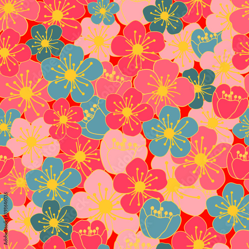 plum cherry blossom seamless vector pattern, japanese plum flower pattern