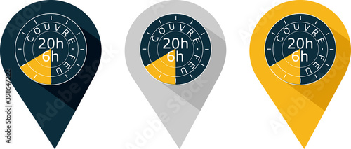 Colored pins of the curfew between 8 p.m. and 6 a.m. because of Covid-19 with written in French "curfew"