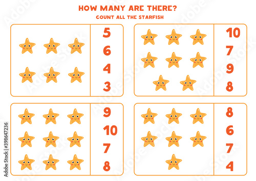 Counting game for kids. Count all cute starfish. Worksheet for children.