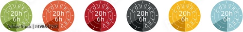 Colored icons of the curfew between 8 p.m. and 6 a.m. because of Covid-19 with written in French "curfew"