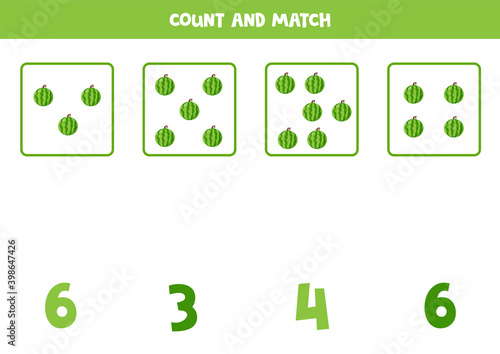 Count all watermelons and match with correct answer. Educational math game for kids.