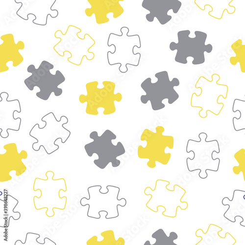 Puzzle color seamless pattern with 2021 colors (Ultimate Gray + Illuminating). Trend background for your design. Colorful puzzles vector background.