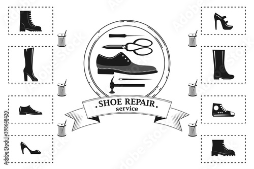 Shoe repair service. Vector image of logo. Trendy concept in old retro style