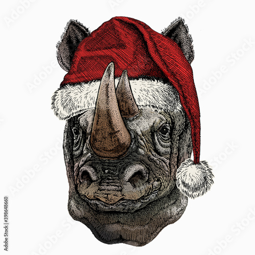 Vector portrait of rhinoceros, rhino. Christmas red Santa Claus hat. Wild african animal.