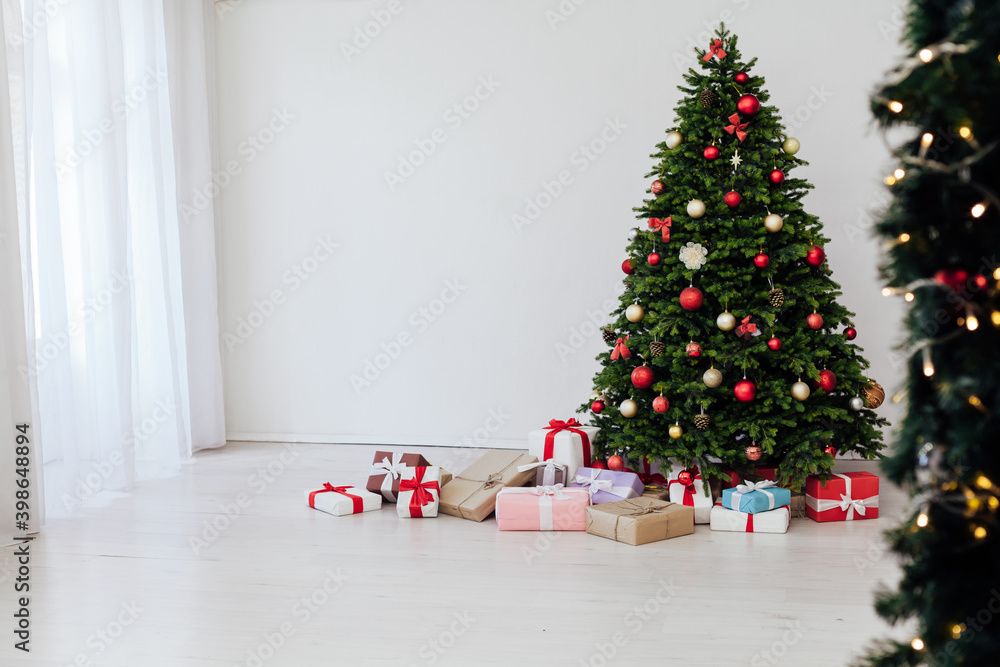 Interior on New Year holiday gifts Christmas tree decor